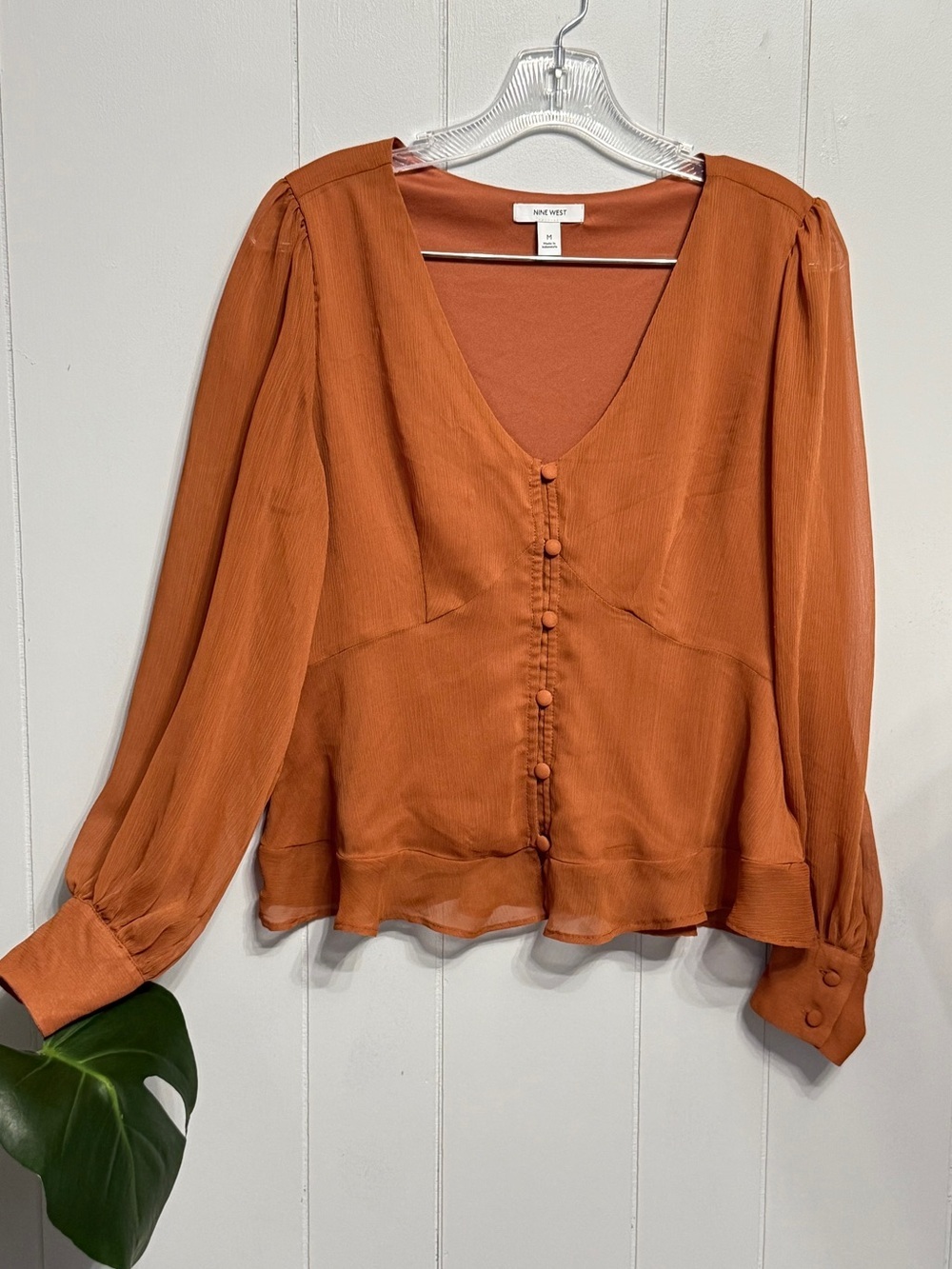 #9) Nine West Burnt Orange V-Neck Button-Front Blouse